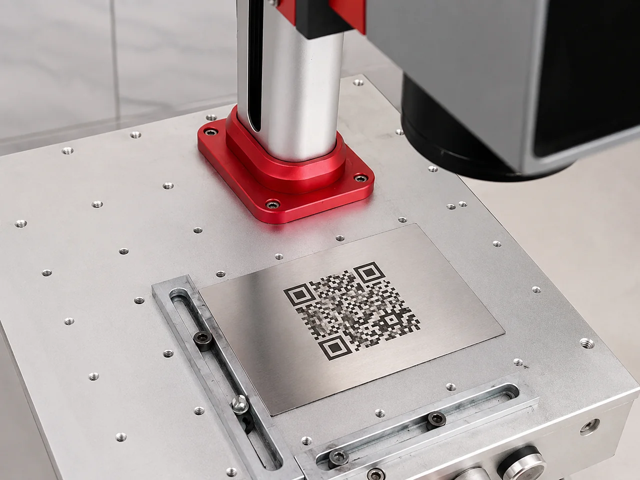 Metal plaka üzerinde lazerle işlenmiş QR kod örneği