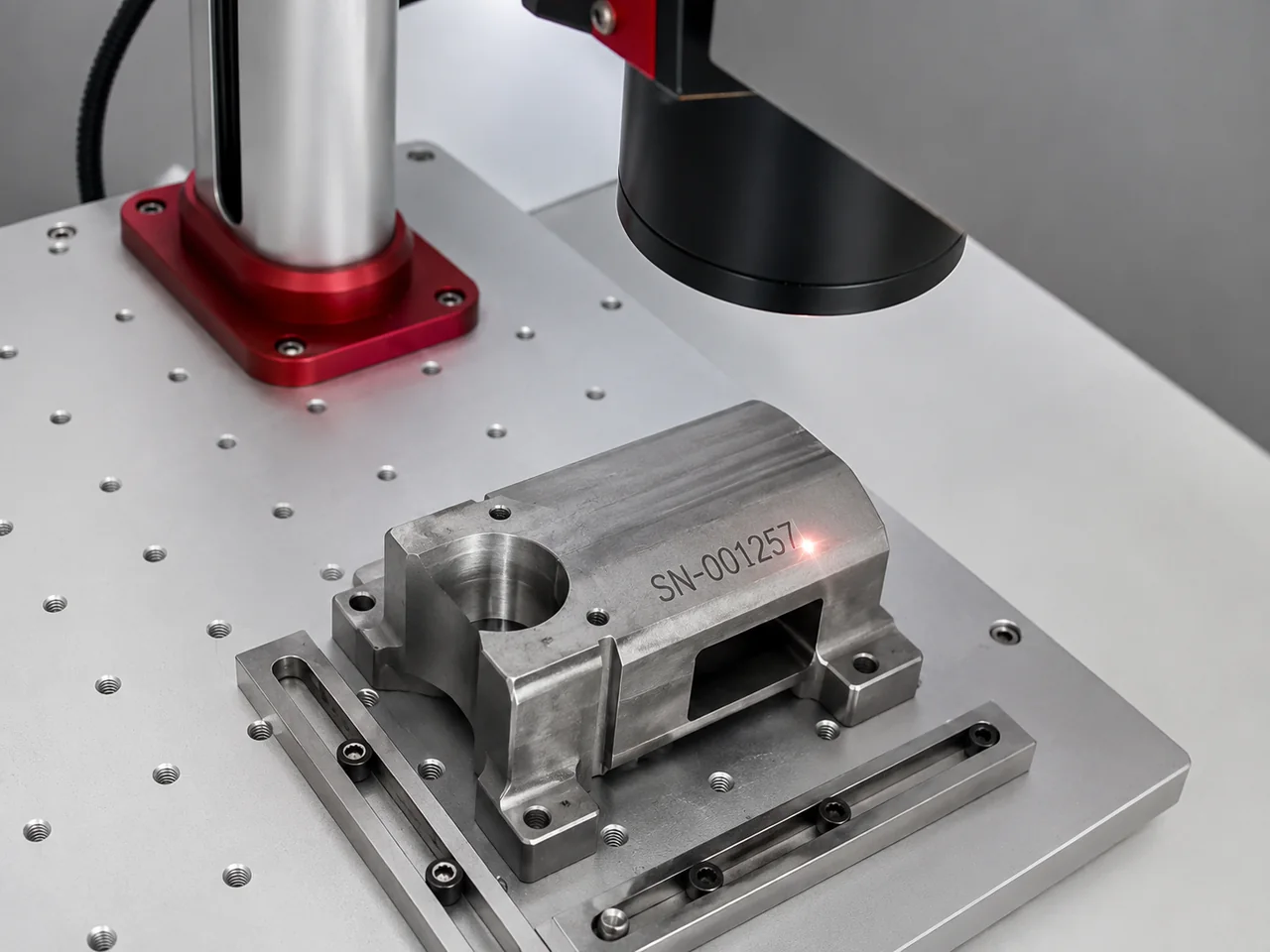 SN-001257 seri numarası işlenmiş teknik parça örneği